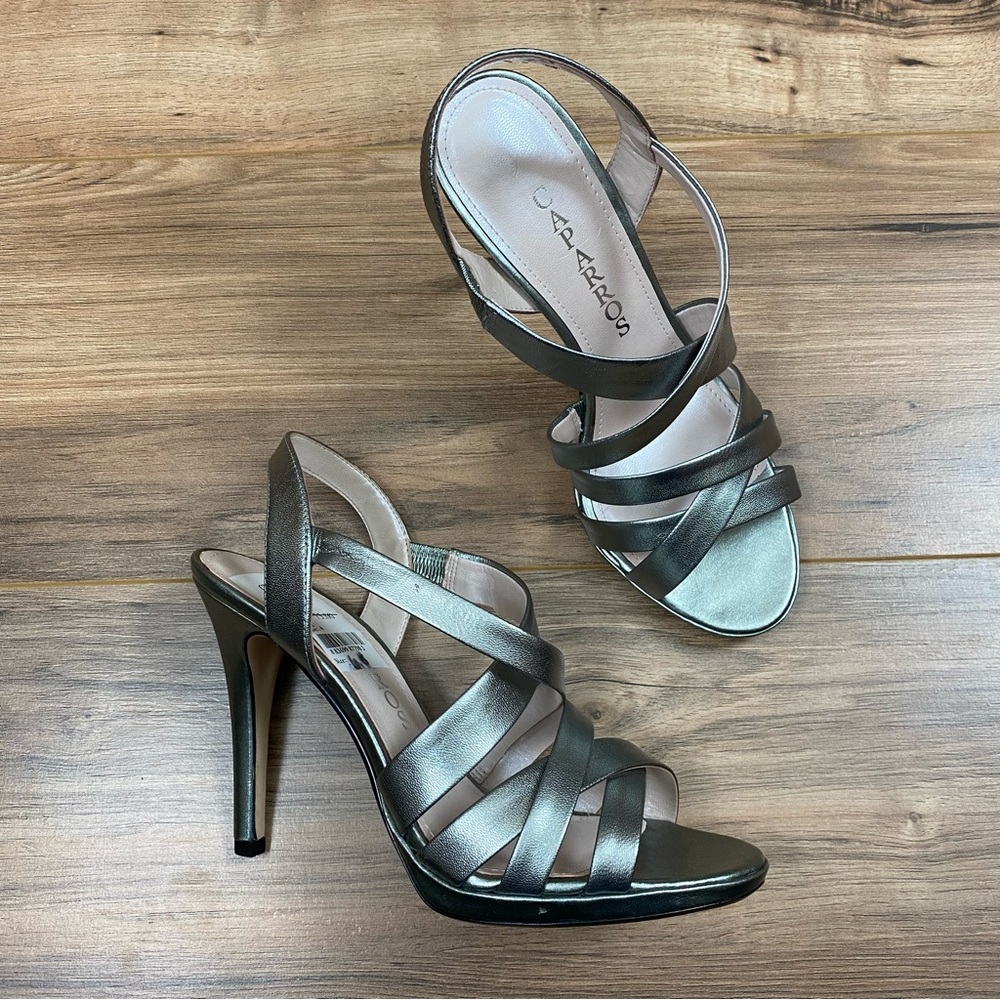 NIB Caparros Metallic‎ Silver Strappy Stiletto Heels Women's 6.5